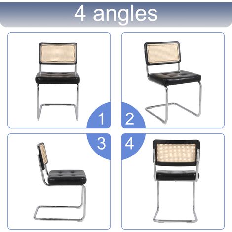 Lot de 2 chaises à manger médiévales en rotin. Dossier treillis sans accoudoirs,rembourrage souple,pieds métalliques chromés noirs.
