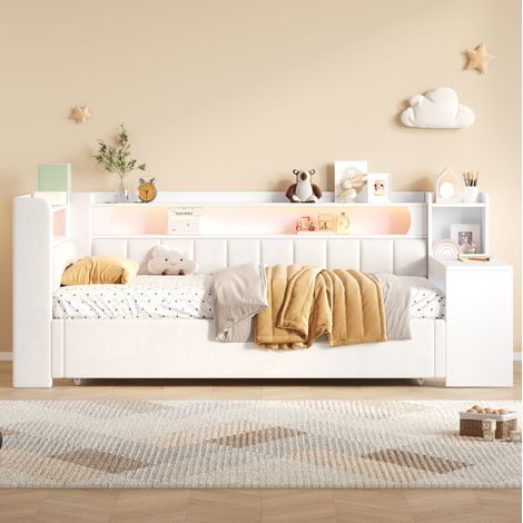 Cama nido 90x200 cm extensible a 180x200 cm con escritorio, USB y tira LED de 7 colores, tapizada en tela blanca, estructura MDF y contrachapado – CHICFURN (1/5)