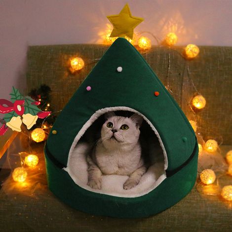 Tente Chat - Maison Chat Forme Arbre De Noël - Lit Chat Triangulaire - Pour Intérieur - 1 Pièce