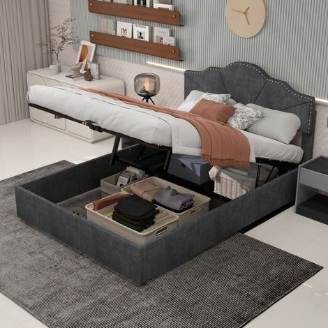 Lit 160x200cm - Lit Coffre 160x200cm - Design Géométrique & Sommier à Vérins Hydrauliques - Tissu Gris - Sans Matelas - Gris (1/5)