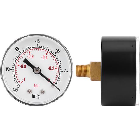 Manomètre à vide 50 mm, raccord arrière 1/8 BSPT, -1 à 0 bar (-30 à 0 inHg), air, eau, huile, gaz (1/5)