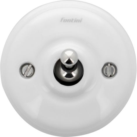 Interrupteur va-et-vient - Dimbler - Porcelaine blanche, manette et vis chrome brillant - Sans passe-câble - 250V 10AX - IP20 - Décoration vintage - FONTINI