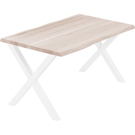 LAMO Manufaktur Esstisch Küchentisch, mit Baumkante 140x80x76 cm (AxBxH), Design, Roh / Weiss, LAB-01-A-001-9016D