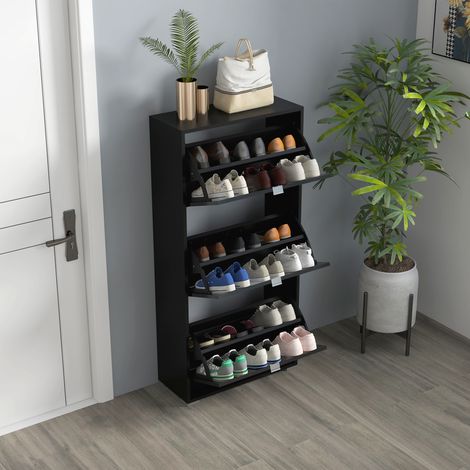 Scarpiera moderna con 3 cassetti, capacità per 18 paia di scarpe, per ingresso, 60x26x124 cm, nera.