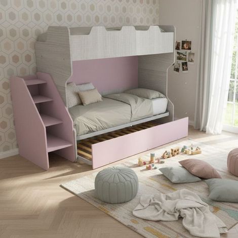 Letto a castello salvaspazio con terzo letto estraibile e scala laterale - Ideale per camerette - Rovere rock e cipria