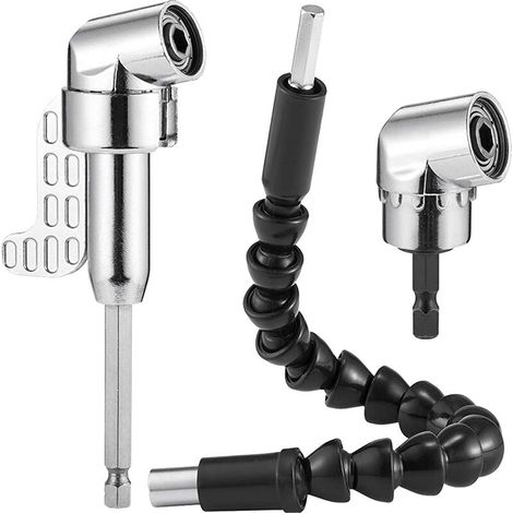 Foret à angle droit et kit d'extension d'angle flexible pour foret ou tournevis Adaptateur de douille de 1/4 po, pratique et pratique dans un espace de travail serré