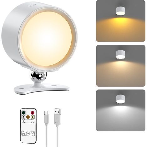 Applique Murale Intérieure Sans Fil, Lampe Murale Sans Fil Rechargeable Dimmable avec Télécommande 360° Rotation Applique Murale Sans Percage pour Chambre Chevet, Blanc (1/5)