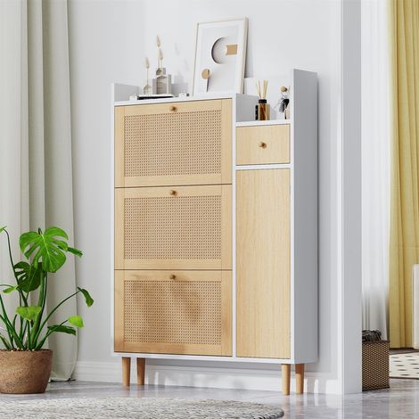 FLASIDU - Meuble à chaussures - Fabriqué en bois de haute qualité, avec 3 portes inclinées, 1 porte d'armoire et 1 tiroir - Dimensions : 90 × 17 × 125 cm - Blanc + Beige (1/5)