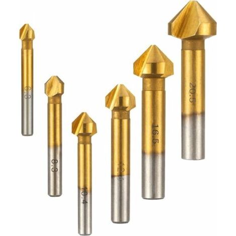 6 pièces fraise en noyer fraise conique 90° chanfrein HSS 6.3mm 8.3mm 10.4mm 12.4mm 16.5mm 20.5mm dents outil de revêtement en titane fraise cylindrique fraise pour bois métal PVC (1/5)