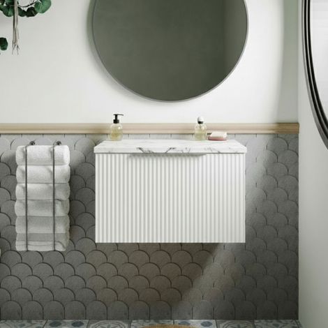 Hudson Reed Fluted Wall Hung 1-Drawer Vanity Unit with Carrera Marble Worktop 600mm Wide - Satin White (1/4)