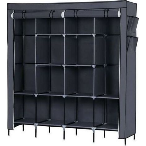 67" Placard à vêtements Armoire de rangement portable pour vêtements 12 étagères 4 poches latérales Gris