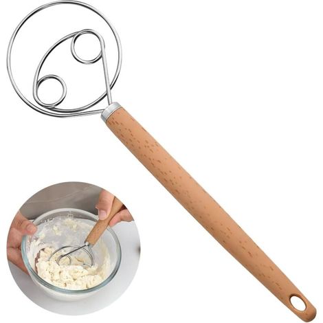 Fouet à pâte danois, fouet à pâte danois, fouet hollandais de 25,4 cm, batteur à œufs avec poignée en plastique, mixeur, en acier inoxydable, double trou pour pâte à pain, pâtisserie ou pâte à pizza (1/5)