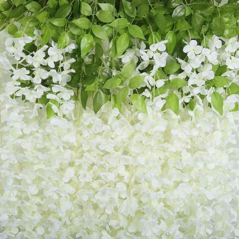 Fleurs artificielles 24 Pcs/100cm Glycine Artificielle Guirlande de Fleurs Artificielles Blanche Feuilles Vertes avec Fleurs Plastiques Suspendues Vigne Plante Suspendue Plastique Mariage Décor Murale (1/3)