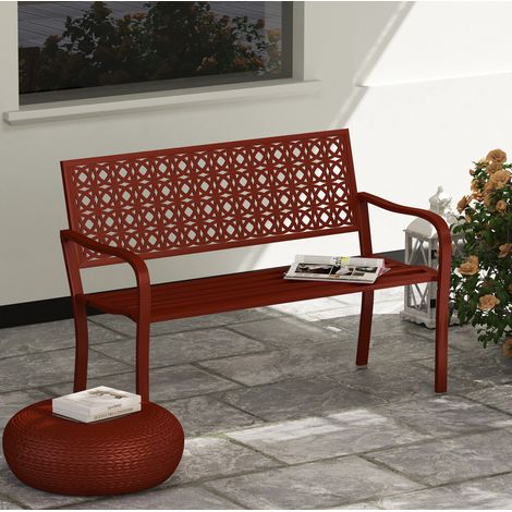Banco de jardín de 2 plazas de acero rojo con respaldo y reposabrazos, 127 x 63 x 85 cm (1/5)