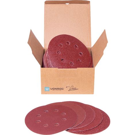Vonroc – Lot de 50 disques abrasifs 125mm – Assortiment grains G40/G80/G120/G180/G240 – Fixation adhésive – Pour ponçage bois, métal, plastique