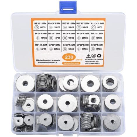 230 Pièces Rondelles Plates Larges, Rondelles en Acier Inoxydable, Rondelle étanchéité Ronde Fixation Meuble pour Vis Boulons, Ensembles d'Outils à Main, M3/M4/M5/M6/M8/M10/M12 (230Argent) (1/5)
