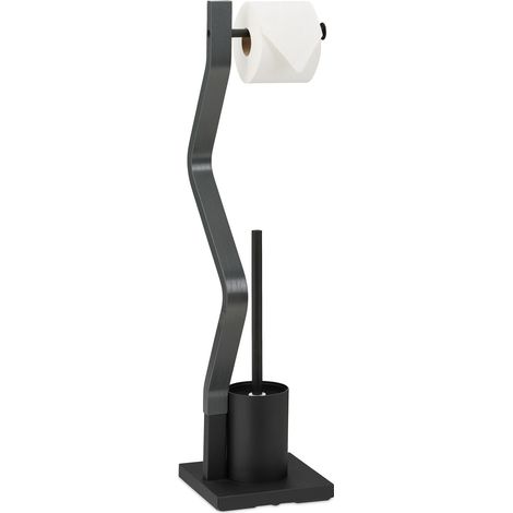 Serviteur WC, Non Fixe, Support pour Papier Toilette, Brosse et Porte-Brosse, 75x18,5x18,5 cm, Noir - Gris (1/5)