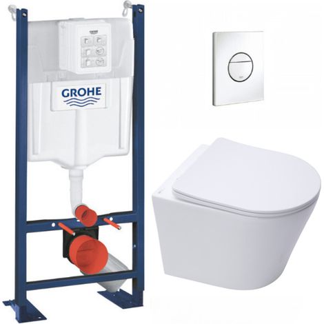 Grohe Pack WC Bâti-support autoportant + WC sans bride SAT Infinitio + Abattant softclose + Plaque blanc alpin (ProjectInfinitio-6) (1/5)