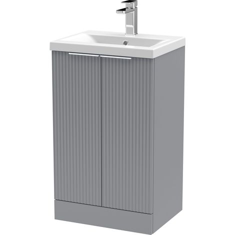 Contemporary Fluted Front Floor Standing 2-Door Bathroom Vanity Unit with 1 Tap Hole Ceramic Basin, 500mm, Satin Grey