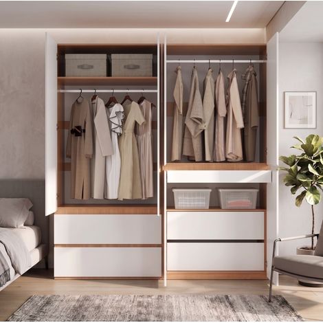 Armario de 6 puertas con 2 barras para colgar y 5 cajones, blanco, en MDF y tablero de partículas, diseño clásico para dormitorio, recibidor u oficina CHICFURN (1/5)