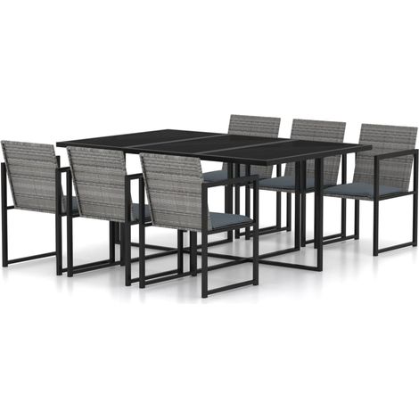 Set de comedor para jardín 7 pzas cojines ratán sintético gris