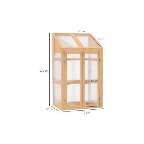 Mini serre marron en bois 70 x 50 x 120 cm avec bâche transparente, fenêtre, double porte et 3 étagères pour jardin et balcon (1/5)