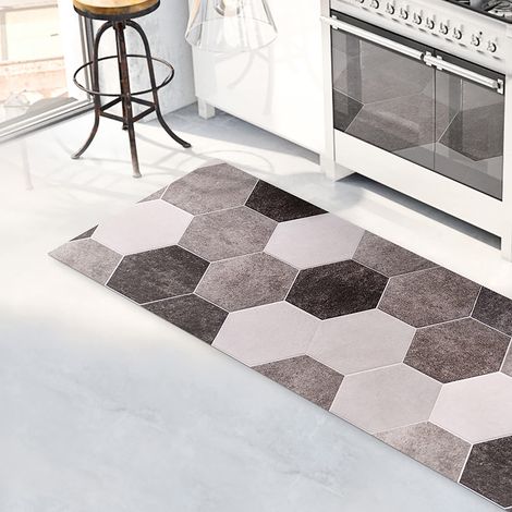 Tapis de Cuisine antidérapant hexagones Gris 120x50 cm Tapis de Protection de Sol en Vinyle fabriqué en Italie, avec Encre Non Toxique, Ignifuge et résistant à l'eau (1/5)