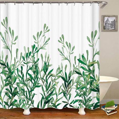 Rideau de douche en textile 180 x 200 cm, vert et blanc, rideau de douche jungle, motif moisissure, grand rideau de douche en polyester (1/5)