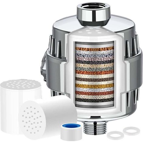 Lot de 2 filtres de douche universels à 20 niveaux + 1 filtre - Purificateur d'eau dure - Élimine les métaux lourds et autres sédiments (1/4)