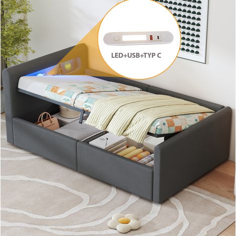 Kinderbett 90/200 cm dunkelgrau aus Samt mit LED, USB und hydraulischem Stauraum (1/5)
