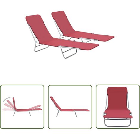 The Living Store Chaises longues pliables lot de 2 Acier et tissu Rouge - Chaise Longue Pliable - Transat - Mobilier De Jardin - Chaise De Plage - Relax (1/5)