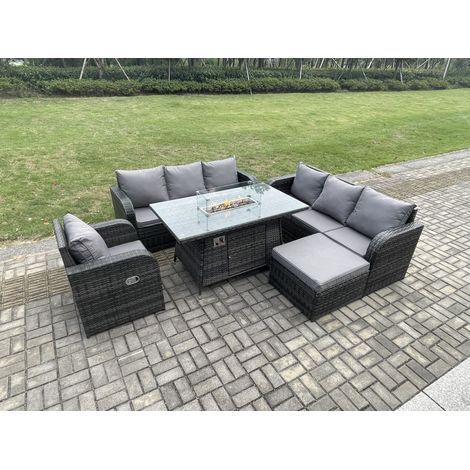 Fimous Rattan Gartenmöbel Set im Balkon Gas Feuerstelle Tisch Liegestühle 3-Sitzer Sofa Sets mit 2 Großer Hockern 8-Sitzer (1/5)