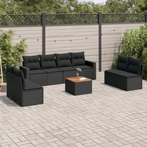 Ensemble Salon Jardin 9 Places Noir Résine Tressée - 6 Sièges + 2 Canapés + Table Acacia avec Coussins Lavables et Rangement Intégré (1/5)