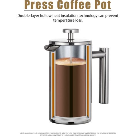 Cafetière à piston double compartiment en acier inoxydable de 350 ml avec isolation thermique, théière et bouilloire. (1/5)
