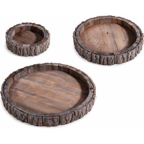 Vassoio rotondo in legno e bordo con corteccia, Grande: Ø 37 cm x 4 H