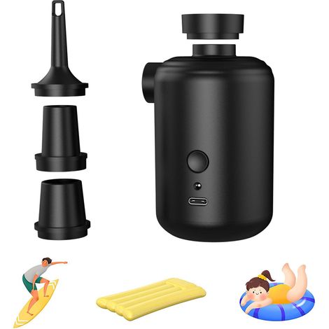 Pompe à air électrique rechargeable 3600mAh, gonfleur/dégonfleur de matelas avec 4 buses, souffleur portatif pour matelas, tapis de camping, lits à eau, bateaux et bouées. (1/5)