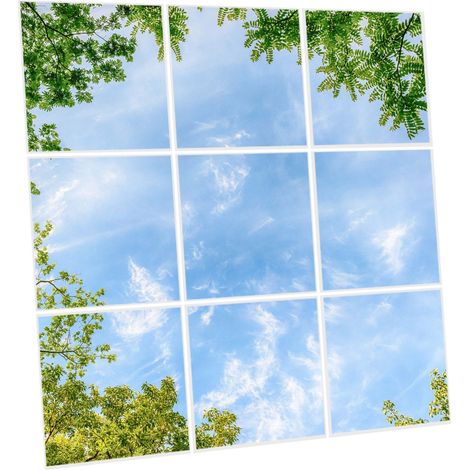 Pack de 9 Dalles LED Imprimées 60x60 cm - Motif Horizon Arboré - Lumière Blanc Neutre 4000K - Panneaux Lumineux Plafond Bureau Salon Cuisine - Faciles à Installer