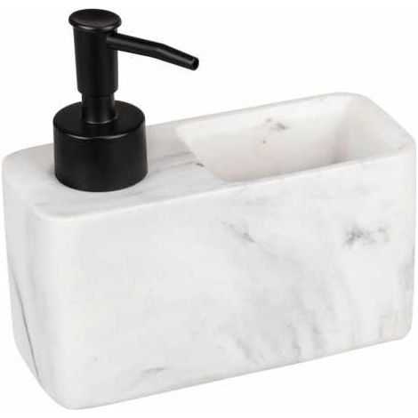 WENKO Dosatore per sapone Resa marmo, dispenser per la cucina effetto marmo con pratico vano porta spugna, spugna inclusa, ricaricabile, capacità ca. 150 ml, 14,5 x 14,3 x 6 cm, bianco/nero (1/5)