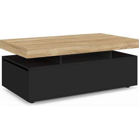 Rechteckiger Couchtisch ELSA 2 Schubladen aus schwarzem Holz und Buchenholzplatte