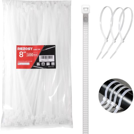 Attaches Câbles 8 Pouces - Résistance Traction 40 Lbs - Nylon 6/6 UV Résistant - Température -15 °C à 80 °C - Pour Usage Intérieur Extérieur - Lot de 100 (1/5)