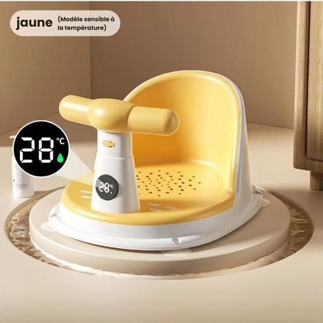Siège de bain multifonctionnel avec surveillance de la température, dossier ergonomique, ventouses, antidérapant - Jaune. (1/5)