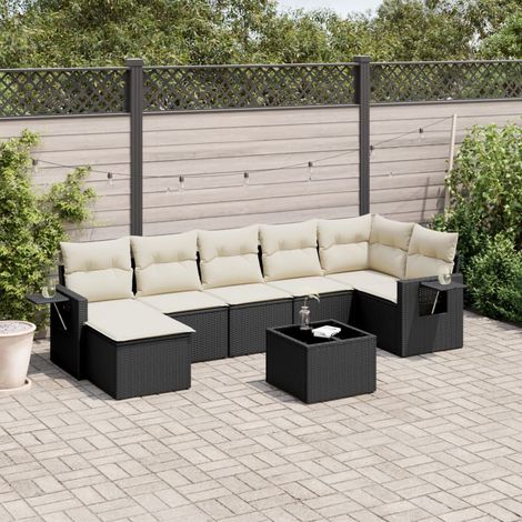 Ensemble Salon Jardin 8 Places Résine Tressée Noir avec Table Verre Trempé et Coussins Crème - Meuble Extérieur Modulaire (1/5)