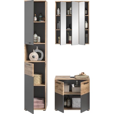 Badezimmer-Set: Waschtischunterschrank + Hochschrank + Stauraumschrank mit Spiegeln – Anthrazitgrau und helles Eichenholz –