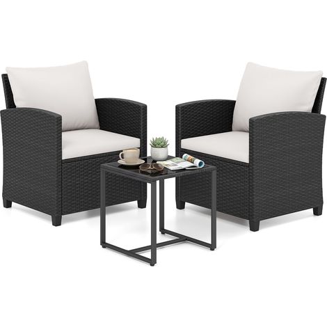 Salon de Jardin Exterieur 2 Personnes en Rotin PE, avec 2 Fauteuils à Coussins Amovibles&Table Basse à Plateau en Verre Trempé, Noir+Beige (1/5)