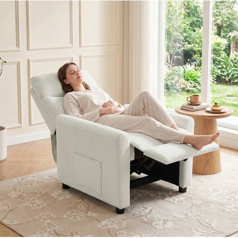Poltrona relax reclinabile 145° 73x86x100 cm con tasche laterali, struttura stabile in poliestere bianco crema (1/5)