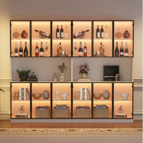Vitrine haute 240 x 34 x 200 cm avec 12 portes, LED et portes en verre, blanche HAVRYA (1/5)