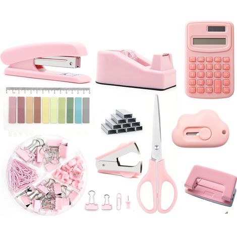 7 pièces Accessoire de bureau, agrafeuse, dévidoir ruban adhésif, arrache-agrafes, ciseaux, trombones, étiquettes colorées, pour usage quotidien au bureau ou à la maison (1/5)