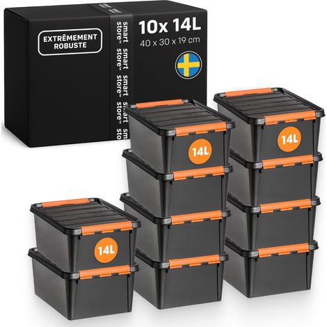 boîtes de rangement en plastique ultra robustes avec couvercle 14 L Lot de 10 Empilables avec clips, pour garage, outils ou déménagement Sans BPA 40 × 30 × 19 cm (1/5)