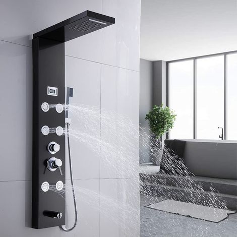 Duschsystem Duschsystem Edelstahl Duschpaneel Duschsäulen,mit Regendusch, Massagedüsen Handbrause Wasserfalldusche Kopfbrause, mit 1,5m S/S flexibler Schlauch,Schwarz (1/5)