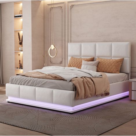 Bett mit Stauraum Kunstleder Weiß 140x200 cm, mit LED-Beleuchtung, hydraulischem Bettkasten und Lattenrost (1/5)